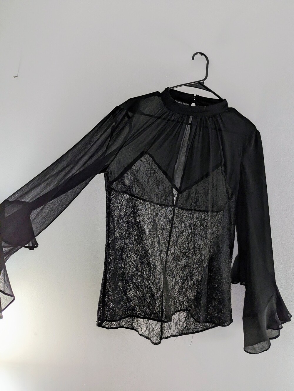 Victoria's Secret Black Lace Sheer Mock Neck Top Bell Sleeve Blouse Medium M